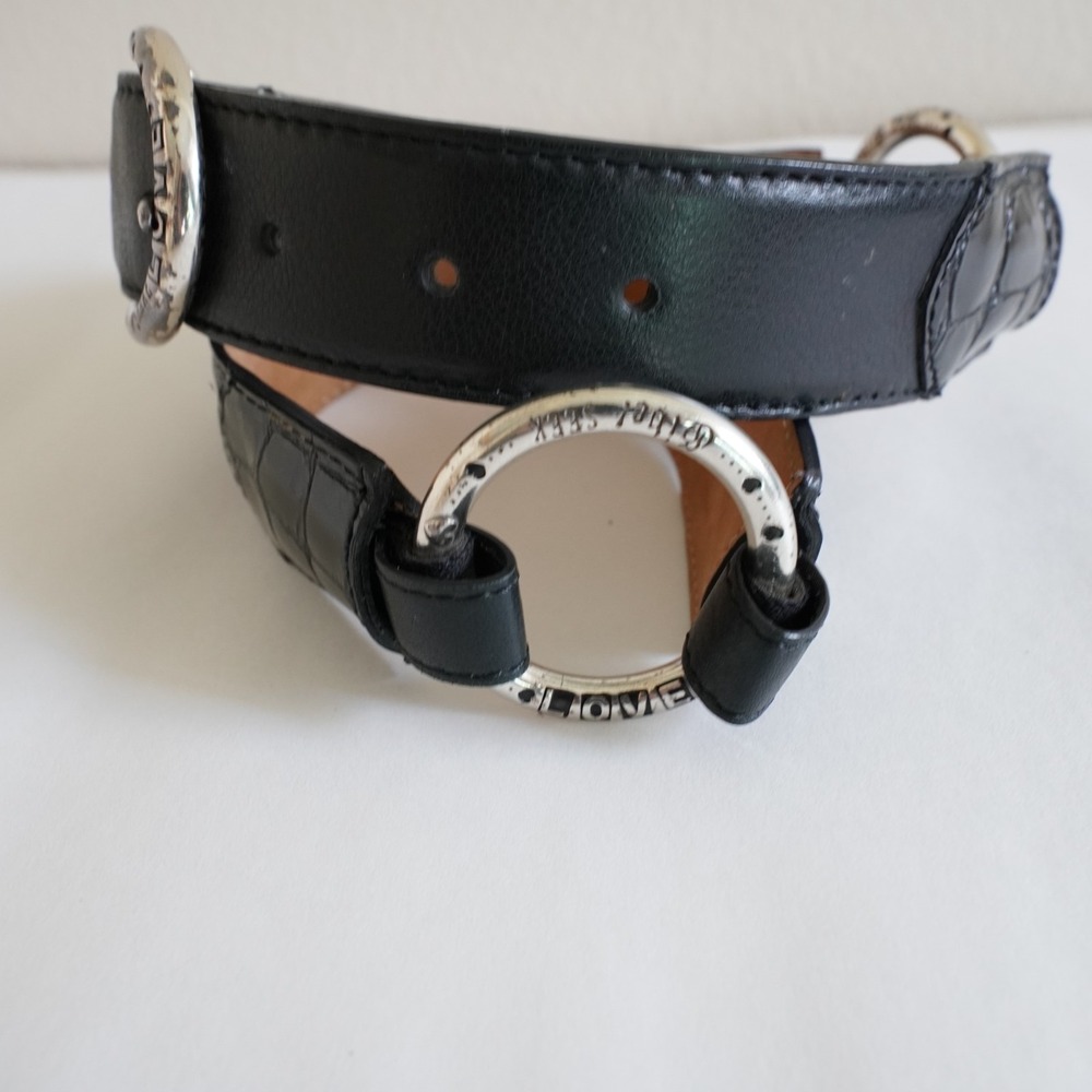 Brighton Black Leather Belt Womens 28 Small Silver O Ring Love Engraving - Picture 3 of 12